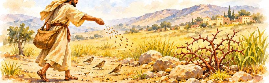 Illustration of the sower scattering seed on the path, rocks and thorns