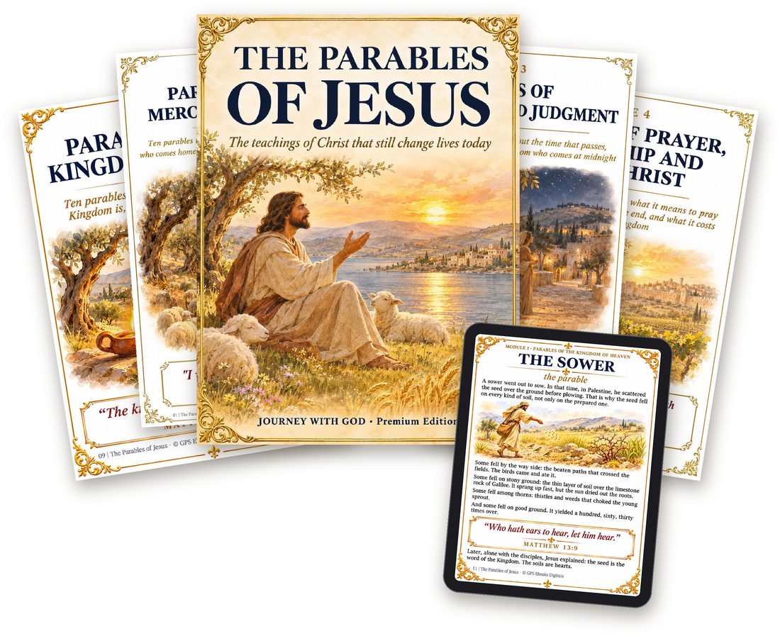 The Parables of Jesus: the cover, the 4 module volumes and The Sower page on a tablet