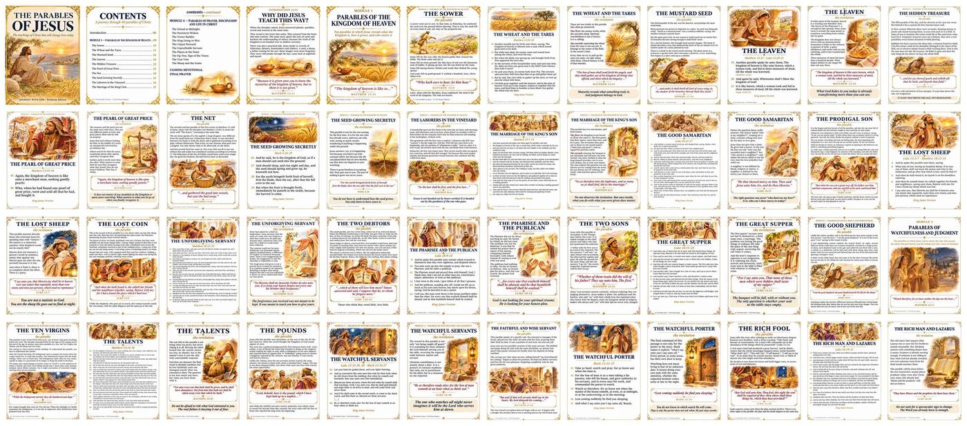 A wall of illustrated pages from The Parables of Jesus